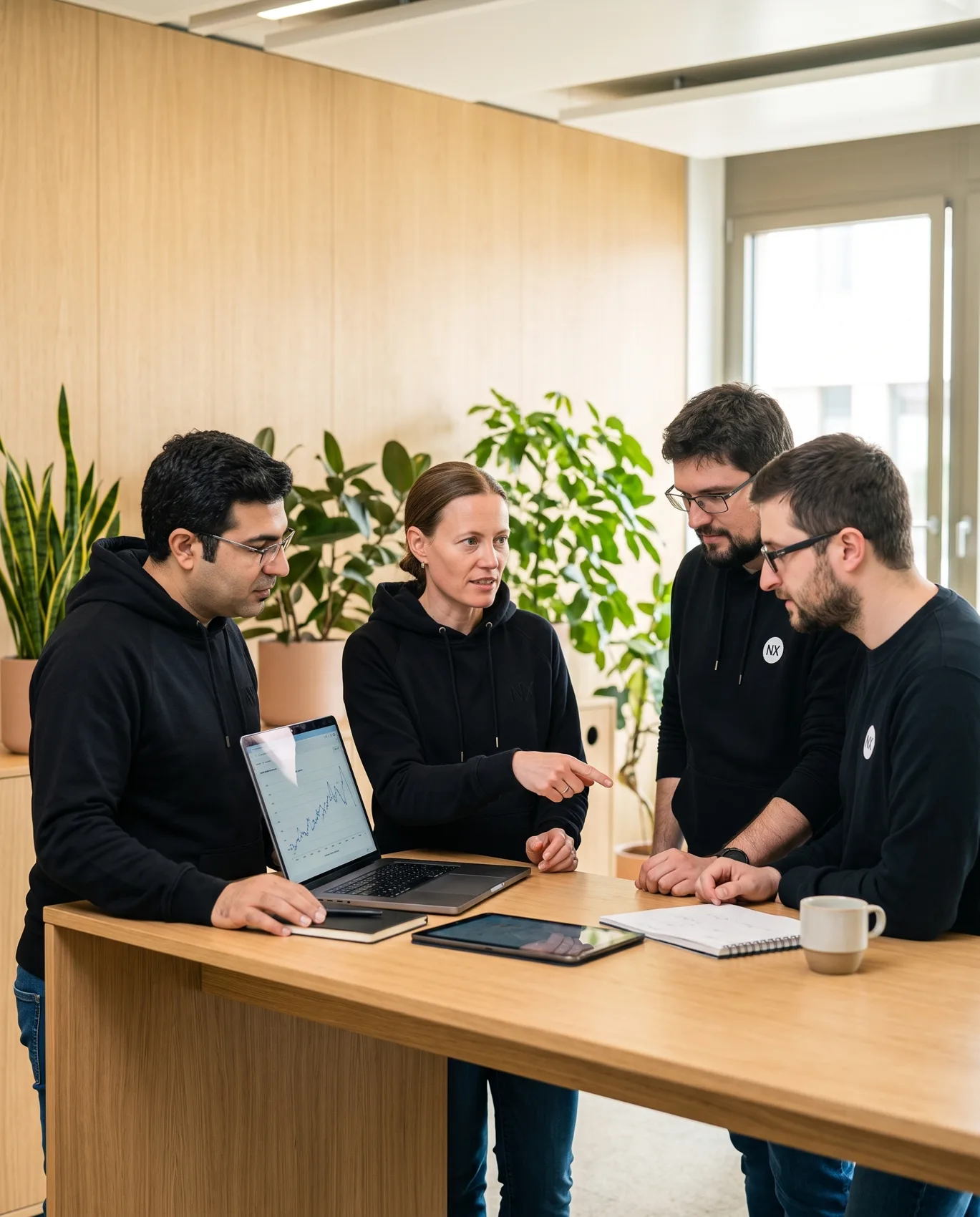 Beraterin bespricht die Ergebnisse eines SEO-Checks am Tablet