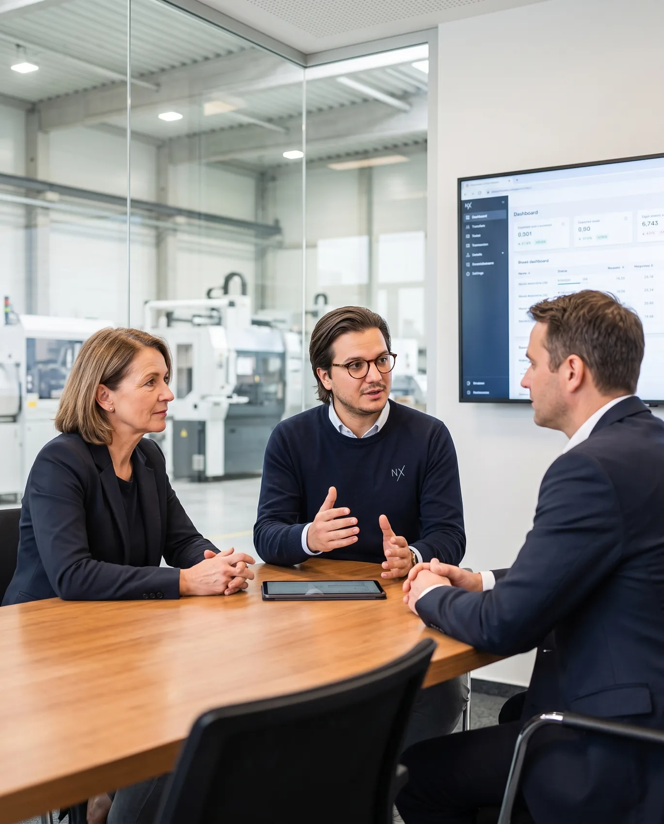 Besprechung mit einem Kunden im Glasraum an der Halle