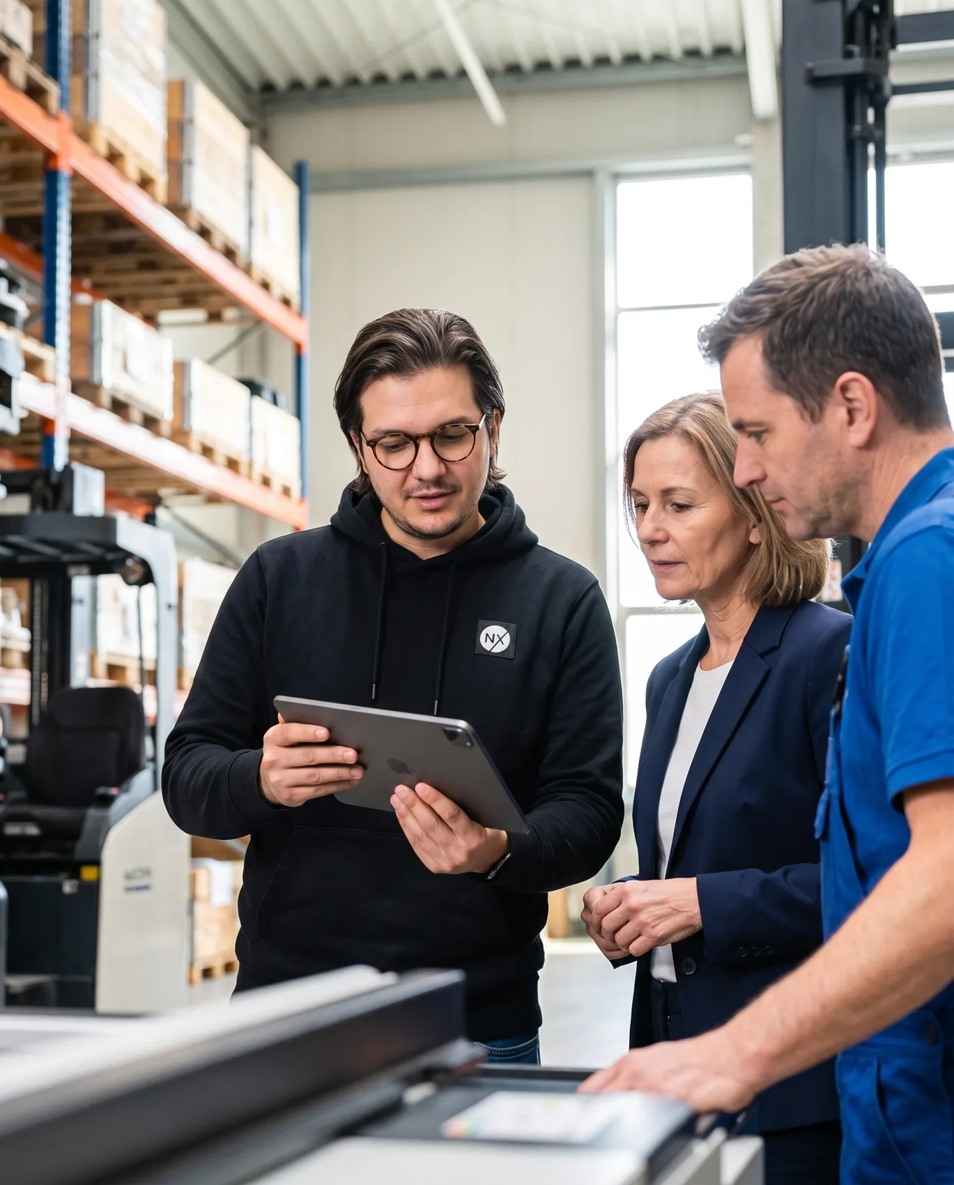 Berater von NX Digital planen mit einem Onlinehändler im Lager