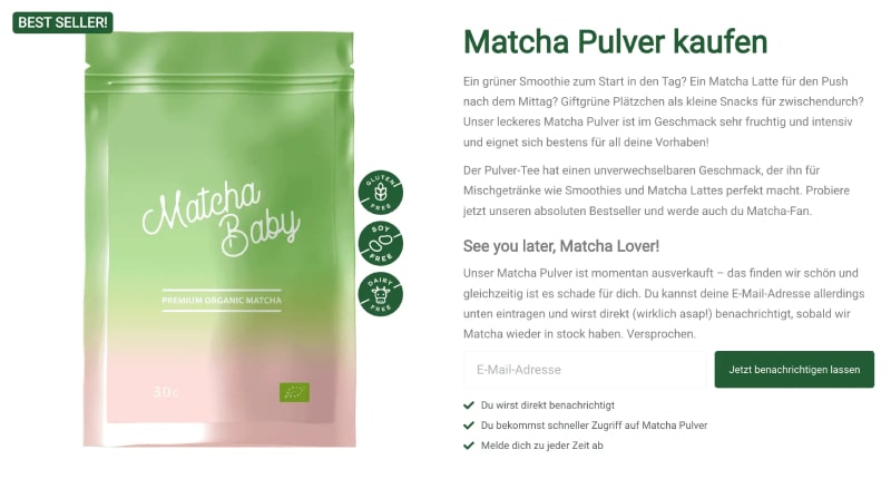 Screenshot einer Produktbeschreibung von Matcha Pulver.