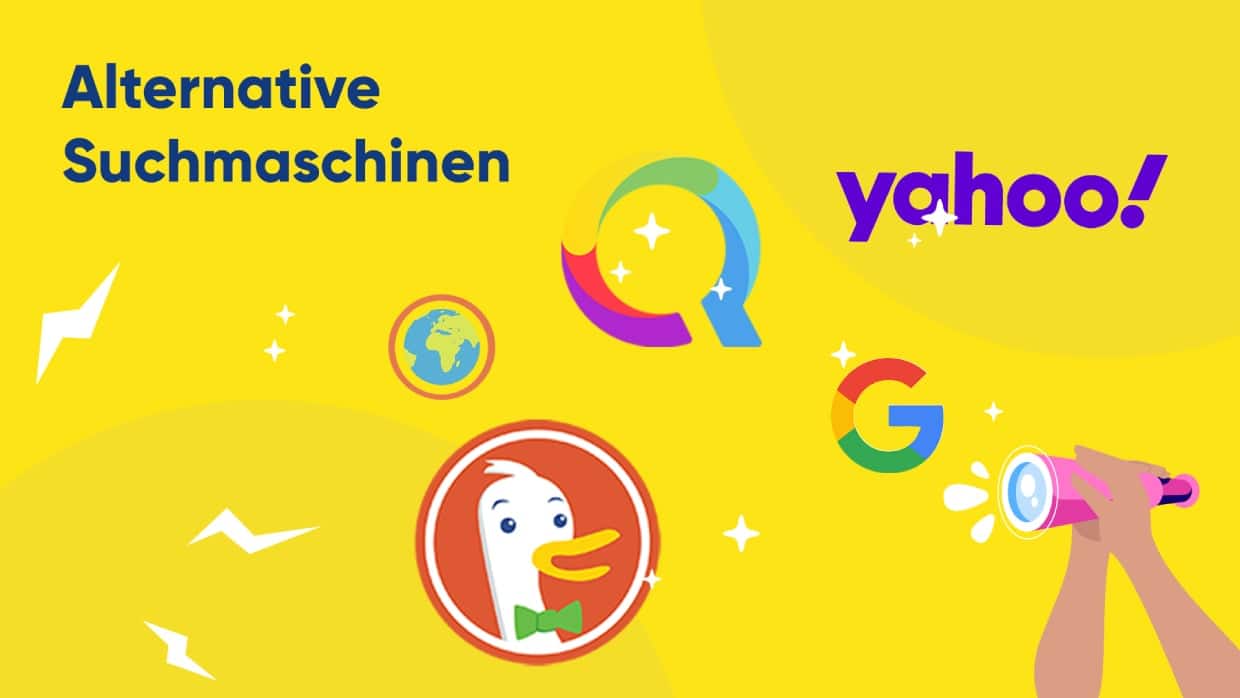 Das Bild zeigt die Aufschrift „Alternative Suchnmaschinen“ und bildet die Logos von DuckDuckGo, Yahoo, Google, Qwant und Ecosia ab.