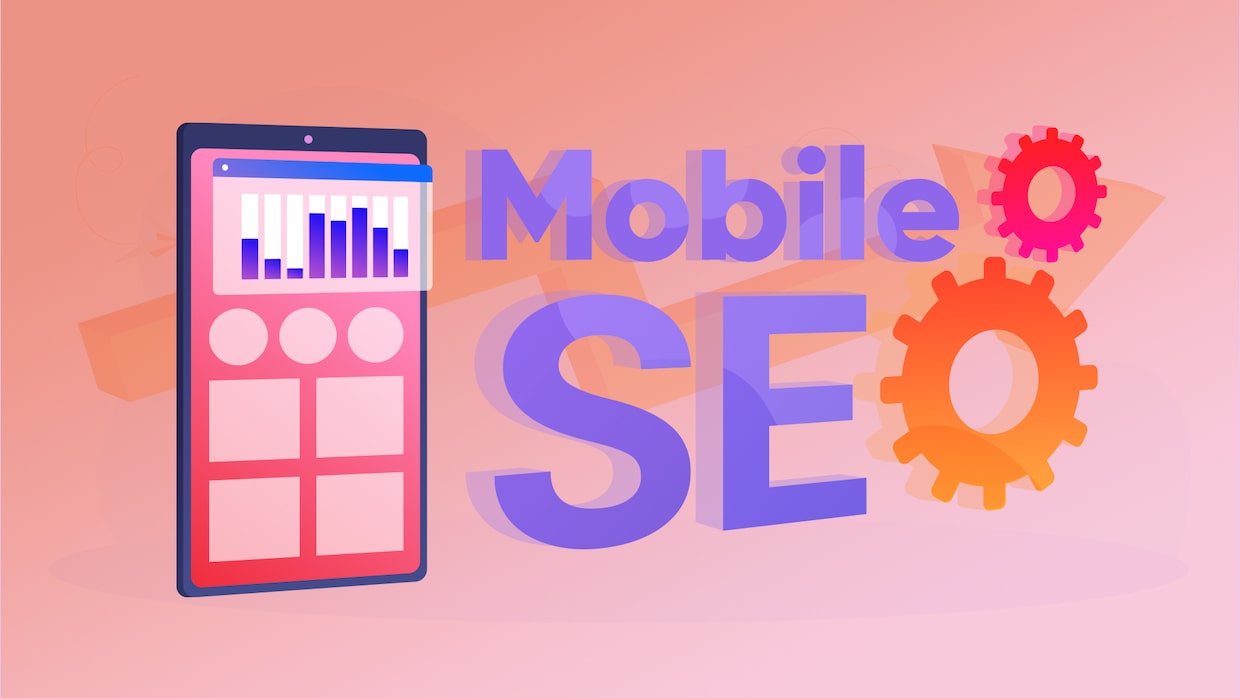 Auf einem rosa Hintergrund ist ein Smartphone abgebildet. Neben dem Smartphone stehen die Worte Mobile SEO.